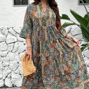 Women's plus size V-neck printed dress party vacation style patchwork long skirt