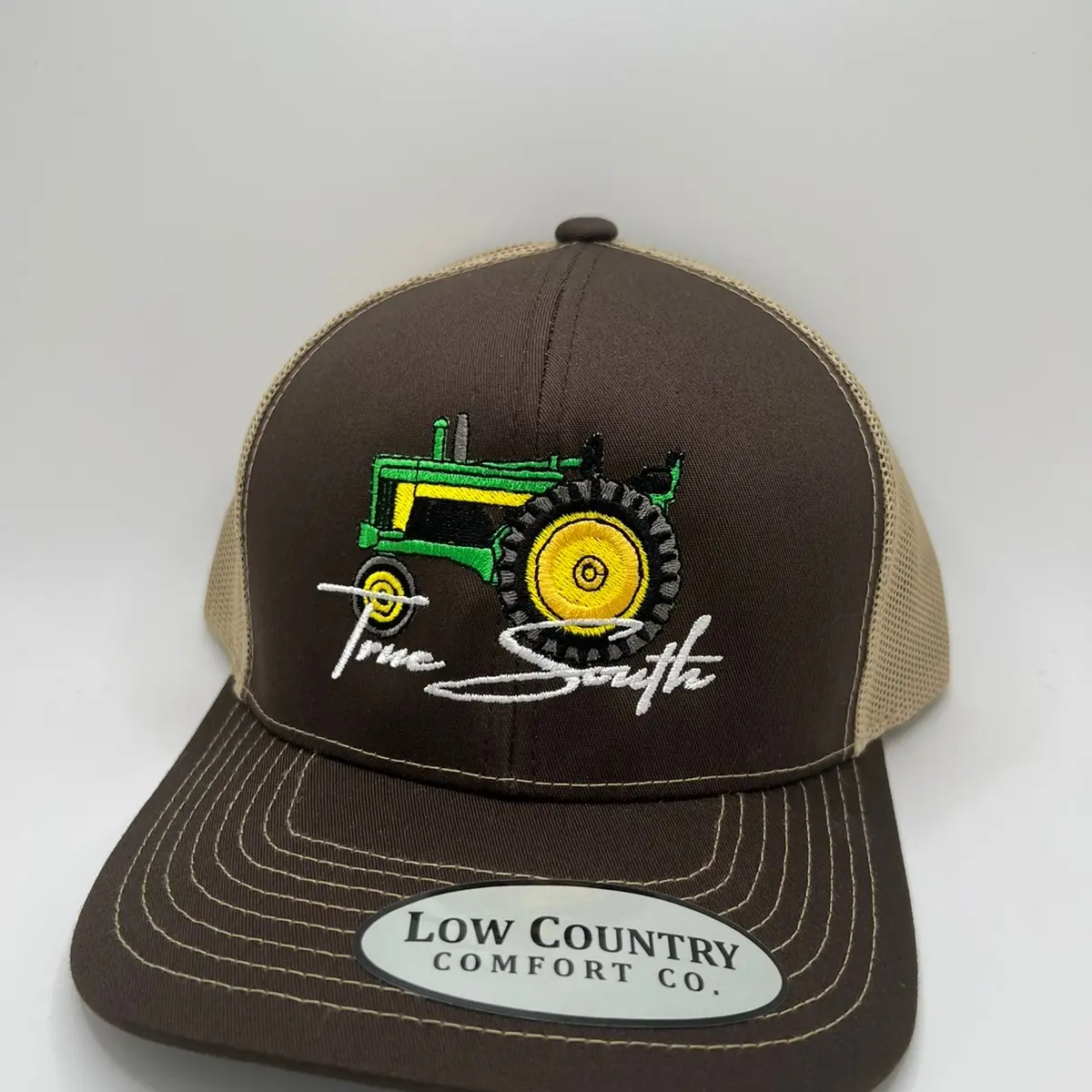 True South Green Tractor embroidery on a brown/khaki Pacific 104S. By Low Country hats