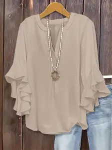 Plus Size Women's Ruffle Sleeve V-Neck Fit Blouse Shirt, Elegant Floral Design, Comfortable and Stylish, Perfect for Casual Wear