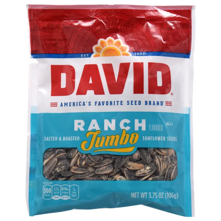 DAVID Jumbo Sunflower Seeds Snack Bag - Ranch Flavor, Salty-Savory, Casual Classic Treat for Watch Party, All Ages - 3.75oz