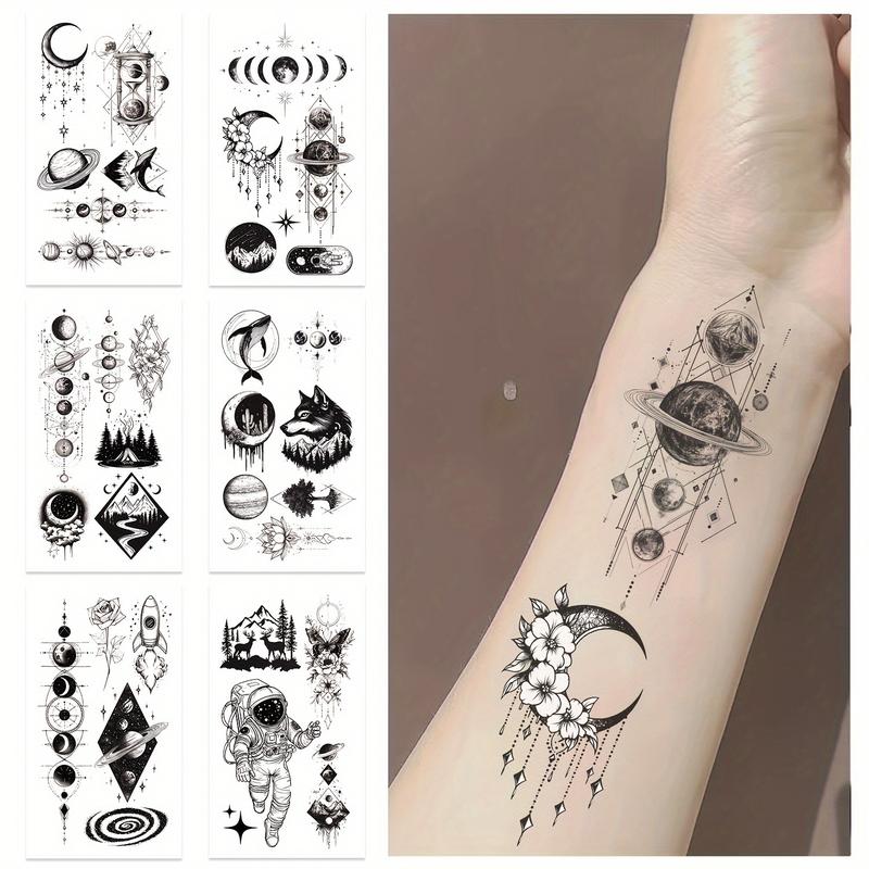 10 Pieces Black Space Temporary Tattoo, Geometric Planet Fake Tattoo Sleeves, Suitable for Women Men Adult, 3D Star Moon Sun Solar System Tattoo Sticker Universe Astronaut Galaxy Arm Art Design-Easy to Apply and Remove, Durable and Durable.
