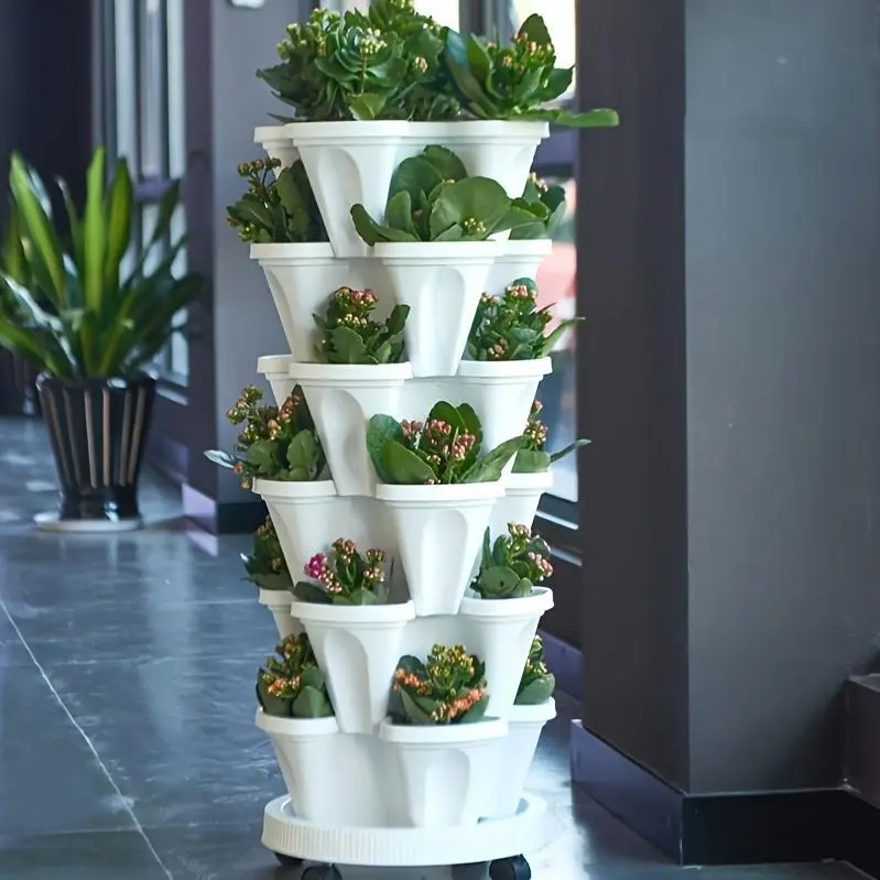 Hot Deal 1 Set, 5-layer Stackable Flower Pots - Vertical Garden Flower Pots for Flowers, Herbs, Strawberries And Vegetables - New Durable PPP Plastic, with Moving Wheels And Tools - Indoor/Outdoor Garden Flower