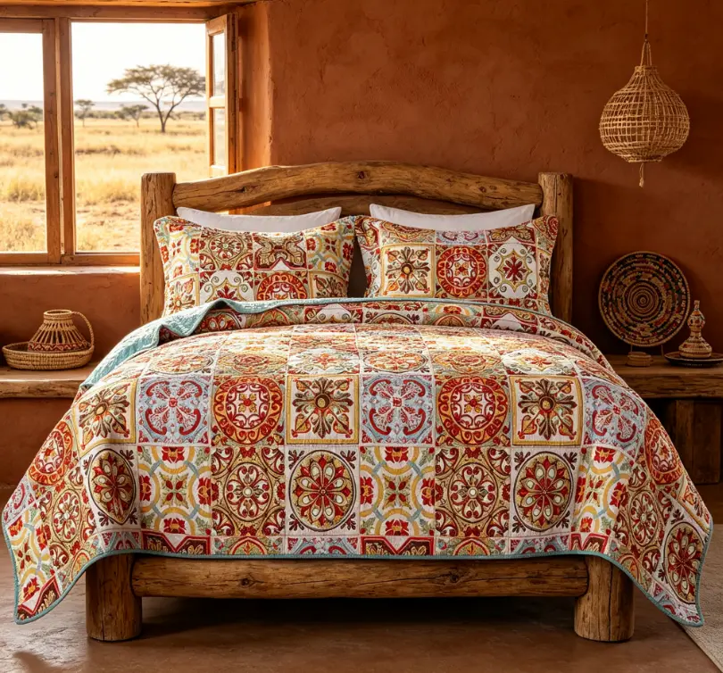 King Size Moroccan Quilt Set - Red and Teal Geometric Boho Bedspread, 2 Pillow Shams Included, Lightweight Soft Bedding for Bedroom