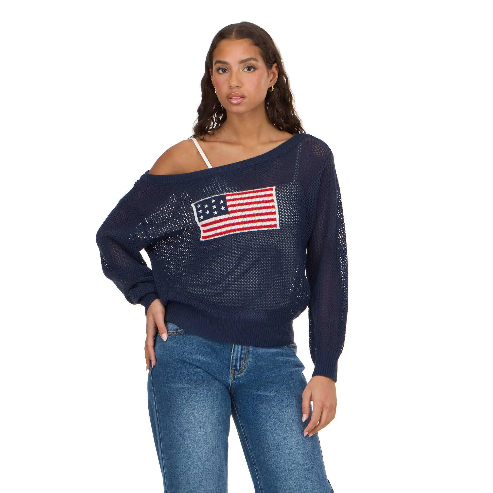 Forever 21 Women's Knitwear - Off-Shoulder Long-Sleeves Crochet Sweater with Graphics, Lightweight Stylish Outfits for Everyday Skirt Pairing