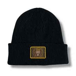 Lion King Patch Winter Beanie Hat - Black Knit with Embroidered Lion Design for Cold Weather