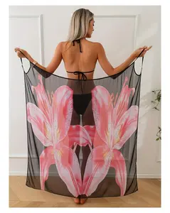Mesh Cover Up for Women - Black Halter Beach Swimsuit Cover-Up with Pink Lily Floral Print - Lightweight Swimwear Cover-Ups for Vacation, Pool, Resort, Summer - 2-in-1 Style  one-size