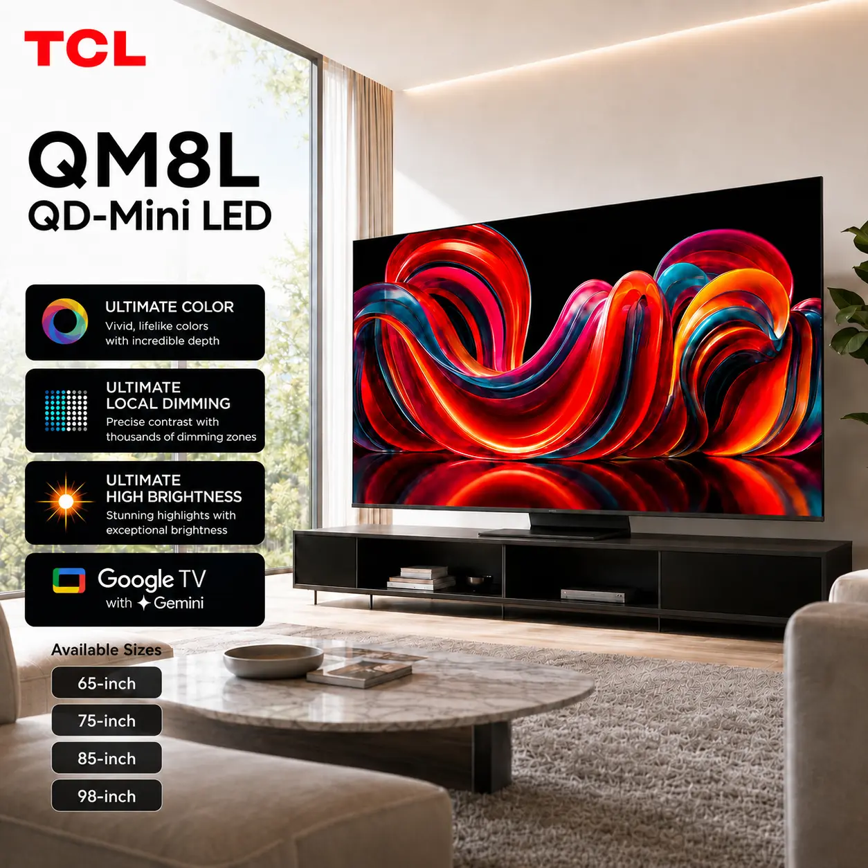 TCL QM8L Series 65‘’-98‘’ | SQD-Mini-LED QLED Smart TV | 2026 Model | 144Hz | Ultimate Color Brightness & Contrast | Google AI Bang & Olufsen | Voice Control Gaming Streaming Television