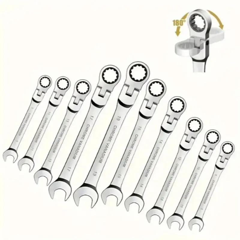72-Tooth 5-Piece Flexible Head Ratchet Wrench Set, Heavy Duty Ratchets, 180° Head Design, Box & Open-End Wrenches, Silver Color, Compact Gear Wrenches, Combination Wrench Set, Multifunctional Wrench Set