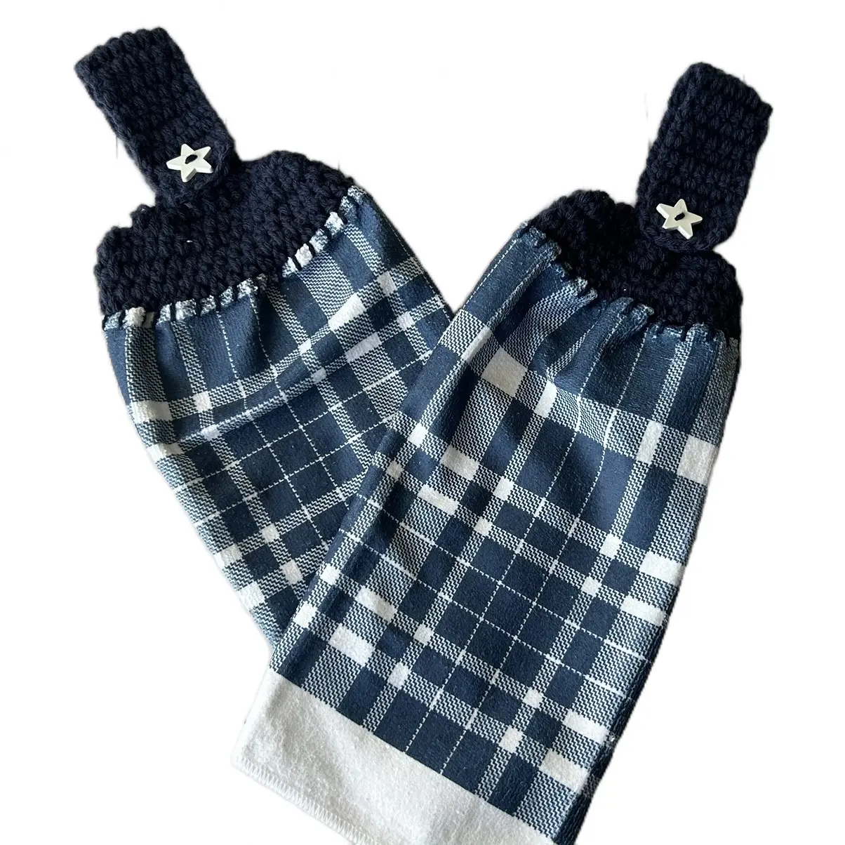 Navy Plaid Kitchen Towels with Button Top Crochet