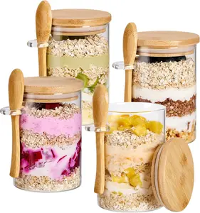 4 Pack Overnight Oats Containers with Bamboo Lids and Spoons 22 oz Airtight Glass Jars for Meal Prep Chia Pudding Yogurt Salad Cereal Coffee Flour Food Storage Canister BPA Free Borosilicate Glass