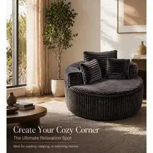 Brown Corduroy Round Chaise Lounge Sofa, 55" Oversized Circular Sofa with 3 Pillows for Apartments