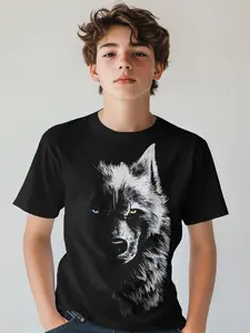 Mysterious Dual-Color Wolf Head Kids T-Shirt, American Vintage Animal Art, Casual Geometric Short Sleeve, Slim-Fitting Long Tee