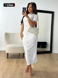 Women's Plain Zipper Back Round Neck Dress, Casual Fake Button Decor Short Sleeve Crew Neck Dress for Daily Wear, Ladies Clothes for All Seasons, Formal Wear