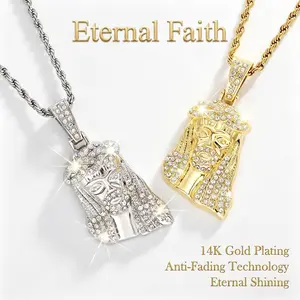 Free Ship Bold Iced Out 14K Gold Plated Jesus Clear Rhinestone Pendant Cuban Chain Necklace Durable Lightweight Jewelry For Men Women