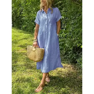 Loose Plus Size Striped Short Sleeve Shirt Dress Women Summer Casual Cotton Linen Mid-Length Dress