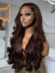32 34 Inch Body Wave Chocolate Brown 13X4 Transparent Lace Front Wig Brazilian Real Human Hair 13X6 Hd Lace Frontal Wig Colored  Pre Plucked Natural Hairline For Women