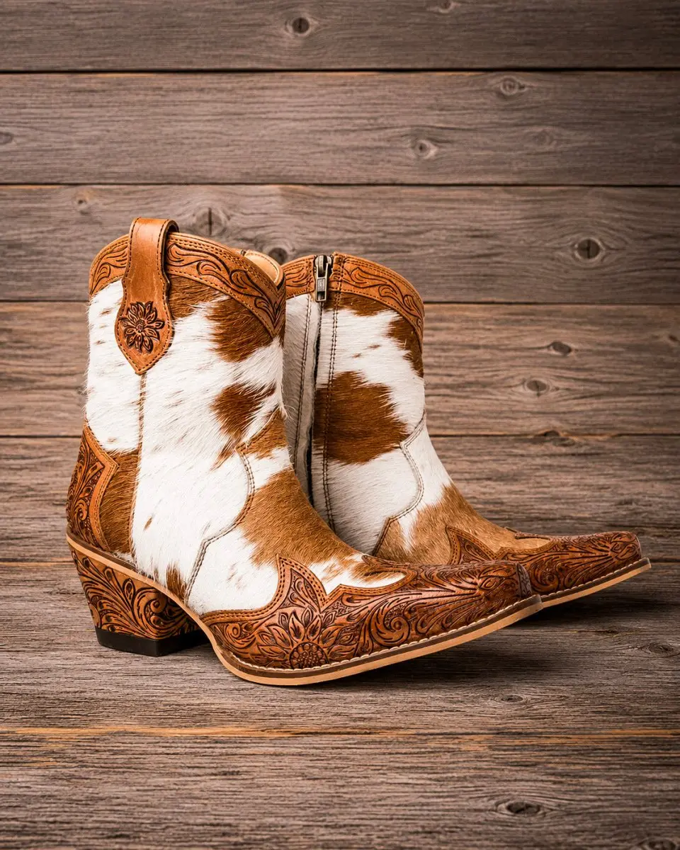 Georgia Trail Hair-On Hide Tooled Leather Boots by Myra Beg