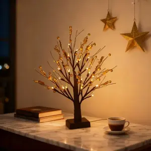 1-Piece Set, Christmas Gold Berry Tree Lights, LED Branch Lights with Warm White Light - Gold Berries, Perfect for Valentine's Day, Weddings, Christmas - Durable Plastic Tabletop Decor, Ideal for Bedrooms, Desks, Parties, Fairy Lights for Bedrooms