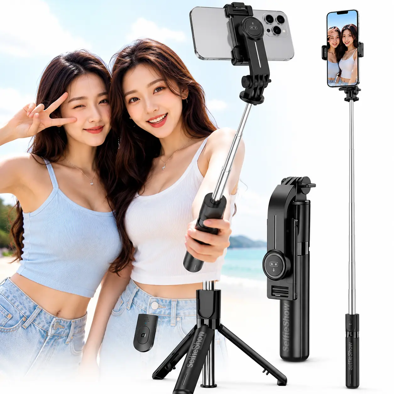 Portable Selfie Stick, 4 in 1 Extendable Phone Tripod Stand with Detachable Wireless Remote & Phone Holder 360° Rotating Mini Travel Tripod Compatible with iPhone 16/15/14/13 Pro/Android/Gopro