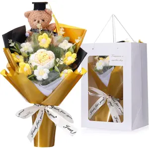 Thiccywoov 2026 Graduation Crochet Flowers Bouquet Money Bouquet Kit Graduation Bear Artificial Knitted Rose Flower Grad Gift for DIY Congratulation Graduate Gift (Gold)