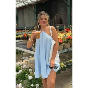 Talei Blue Halter Puff Mini Dress