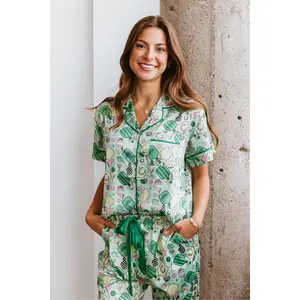 Women's Lady Short-Sleeve Satin Fabric Matching Casual Pickleball Pajama Pants Set, Green Loungewear