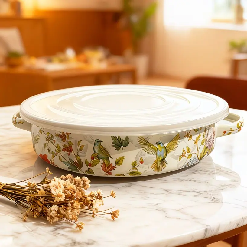 11-inch Sturdy Enamel Roasting Pan Dish - Heavy-Gauge Kitchen Cookware Pot, Dual Handles, Plastic Lid, Induction Ready & Gas Stovetop Compatible, Oven Safe, Ideal for Stews, Outdoor Camping