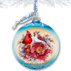 Designocracy 73378 3 x 3.5 in. Romantic Cardinals Ball Glass Ornament Christmas Decor