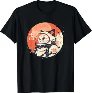 Japanese Minimalist 1950s Retro Space Cat Good Luck Kanji T-Shirt Pure Cotton Graphic Tees Menswear Top: Gifts for Men & Women