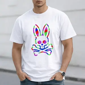 Men's T-shirt Trendy Colorful Bunny Skull Graphic Print - 100% Cotton Short Sleeve Crewneck Loose Fit Machine-Washable Black/White Casual Streetwear Gift vintage clothing green hoodie