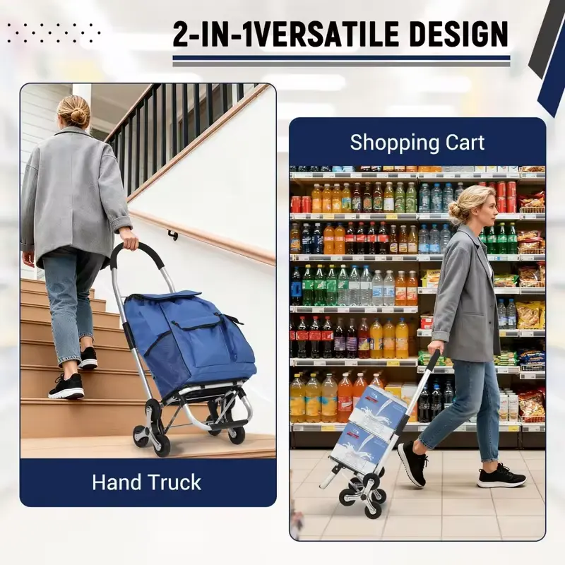 3-in-1 Heavy Duty Folding Stair Climbing Hand Truck – 176 lbs Capacity, 6-Wheel Convertible Platform Dolly with Telescoping Handle, 36L Oxford Cloth Bag, Portable Cart for Grocery, Laundry,Shopping