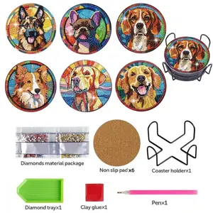 6pcs Dogs DIY Diamond Coasters Art Painting Kits With Holder, Diamond Coasters By Number, Adults Crafts Full Drill Round Mosaic Stitch Art Craft Gift, Home Decoration Coaster