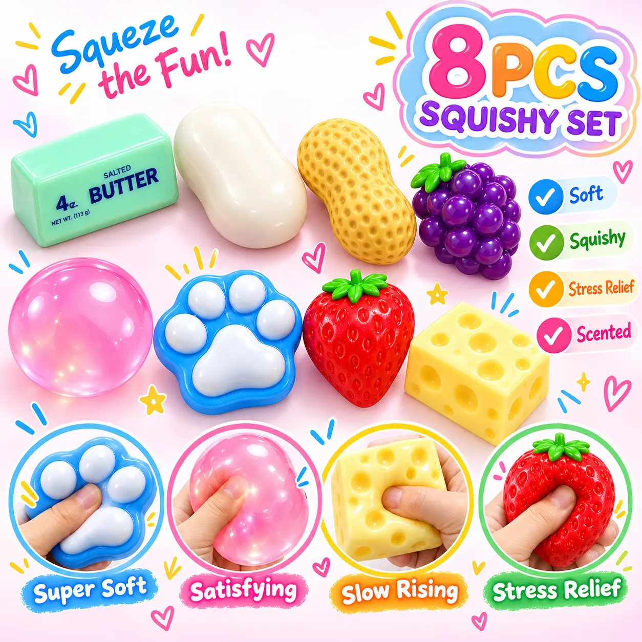 8PCS Cute Food Squishy Toys Set – Scented Slow Rising Squeeze Fidget Toys, Butter, Soap, Peanut, Grape, Strawberry, Cheese & Cat Paw Pudding, Stress Relief Gift Set