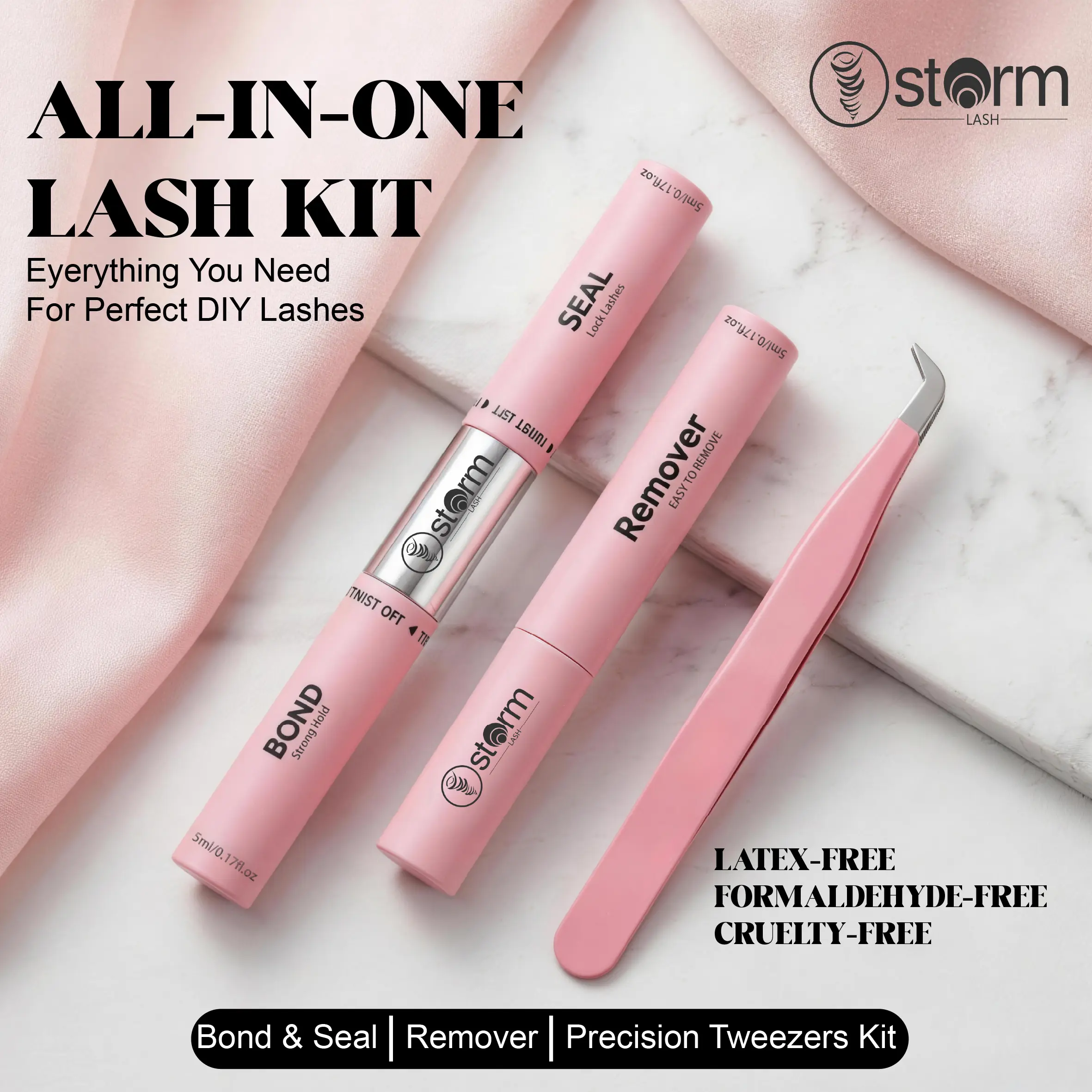 Storm Lash 2-in-1 Lash Bond and Seal with Remover Kit, 72H-7 Day Strong Hold, Waterproof Eyelash Cluster Glue & Precision Tweezers, Professional DIY At-Home Lash Extensions