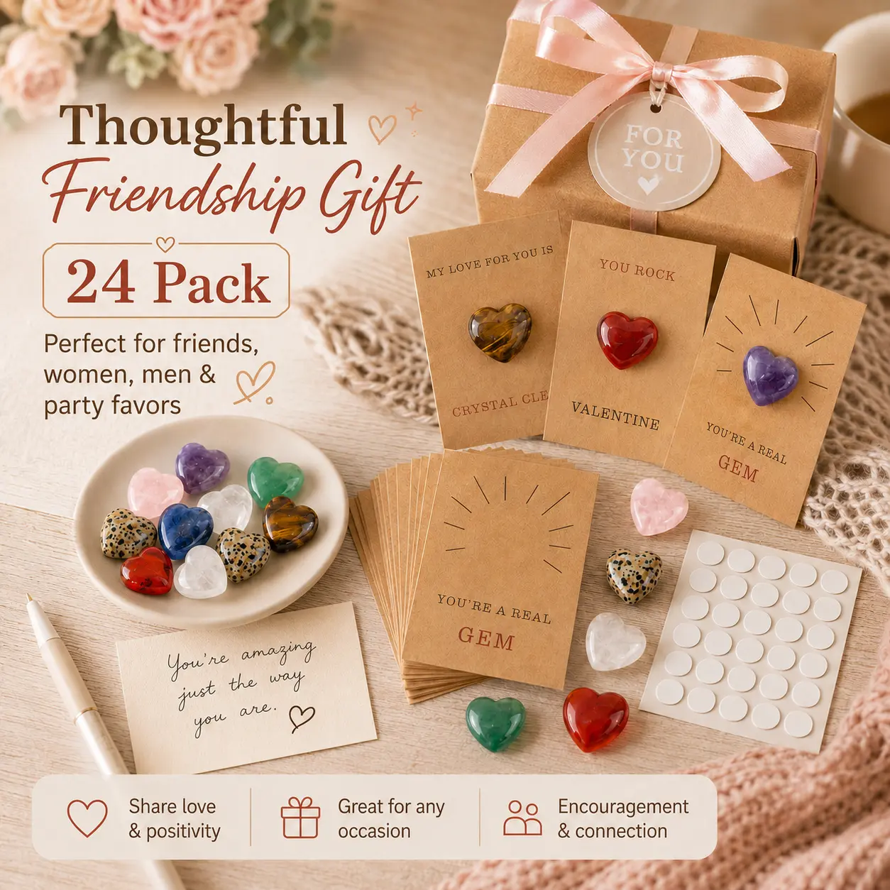24 Pack Heart-Shaped Crystal Friendship Cards – “You’re a Gem” Polished Gemstone Gift Set for Classmates, Friends, Women, Men, Classroom Party Favors & School Exchange