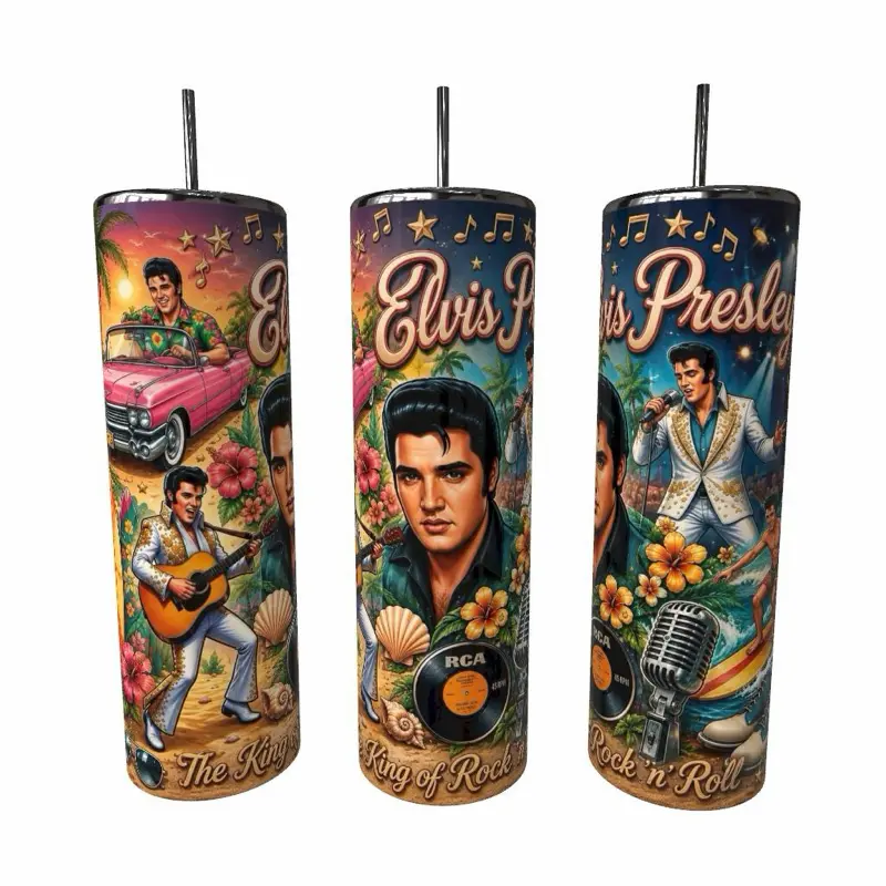 Elvis Presley Stainless Steel Reusable Tumbler with Ghost Lid, Straw