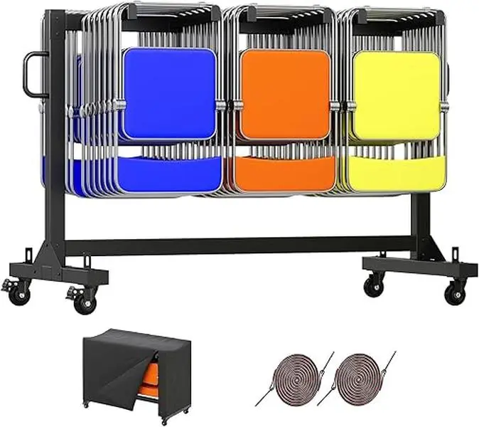 [SummerSale] AMERLIFE Folding Chair Rack and Table Cart for 12 Tables or 42 Chairs, 550 lbs Capacity, PU Wheels, Dust Cover, Elastic Cords, Black