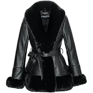 Women's Faux Leather Jacket with Faux Fur Collar, Winter Long Sleeve Furry Trim  Coat with Belt(Sheet)