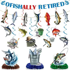 Retirement Fishing Party Decorations Include Ofishally Retired Banners Fish Hanging Swirls Honeycomb Centerpieces Gone Fishing Theme Party Supplies