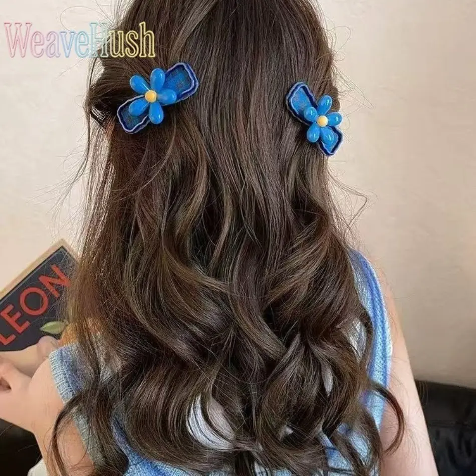 Women's 2026 New Recycled 2-Piece Funky Blue Plaid Floral Barrette Clips - Casual Hair Accessories for Indoor/Outdoor Leisure, Side Bangs Use, Versatile Sports & Outdoor Recreation Gear