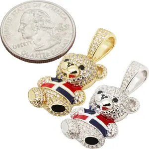 925 Sterling Silver 14k Gold Vermeil AAA Cubic Zirconia Dominican Republic Flag Teddy Bear Pendant
