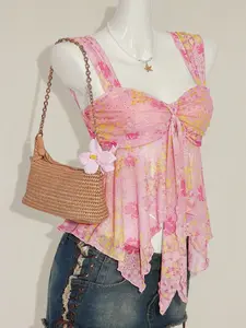Women's Floral Asymmetric Hem Shirt, Cute Feminine Floral Top for Summer and Autumn, Ladies' Fashion Upper Garment, Stylish Women's Clothing