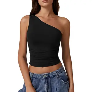 Women's One Shoulder Tank Tops Double Lined Sleeveless Slim Fit Cropped Tee Shirt Y2k Tops