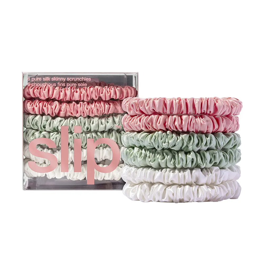 Slip Silk Skinny Scrunchies - Bellerose | Multi Color: Rose, Mint, White (6-Pack) | 100% Pure Mulberry Silk Hair Ties | Designed to be Anti-Crease, Anti-Breakage, Gentle on Hair | Ideal for All Hair Types |