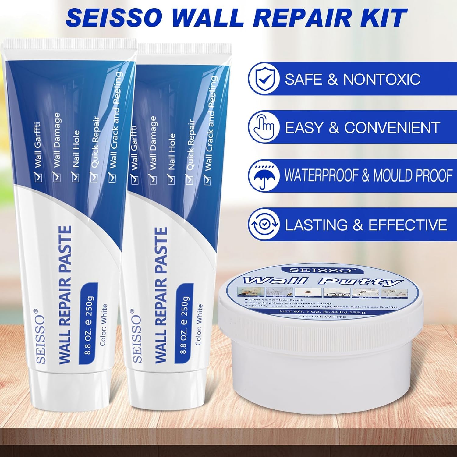 SEISSO Drywall Repair Kit, White- Wall Mending Agent 250 g* 2, Wall Repair Paste Plaster, 1 Pack Wall Putty, Repair Tape and Wall Repair Patch with 2inch 4inch, Quick Fill Crack and Nail Hole SEISSO Drywall Repair Kit, White- Wall Mending Agent 250 g* 2, Wall Repair Paste Plaster, 1 Pack Wall Putty, Repair Tape and Wall Repair Patch with 2inch 4inch, Quick Fill Crack and Nail Hole