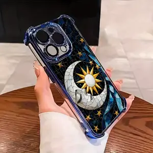 Fashionable sun and moon aesthetic pattern mobile phone case for iPhone17 16 15 14 13 12 11 X XS PRO PLUS MAX four-corner anti-drop transparent soft silicone gift lens full-cover protection shockproof and anti-drop protective mobile phone case