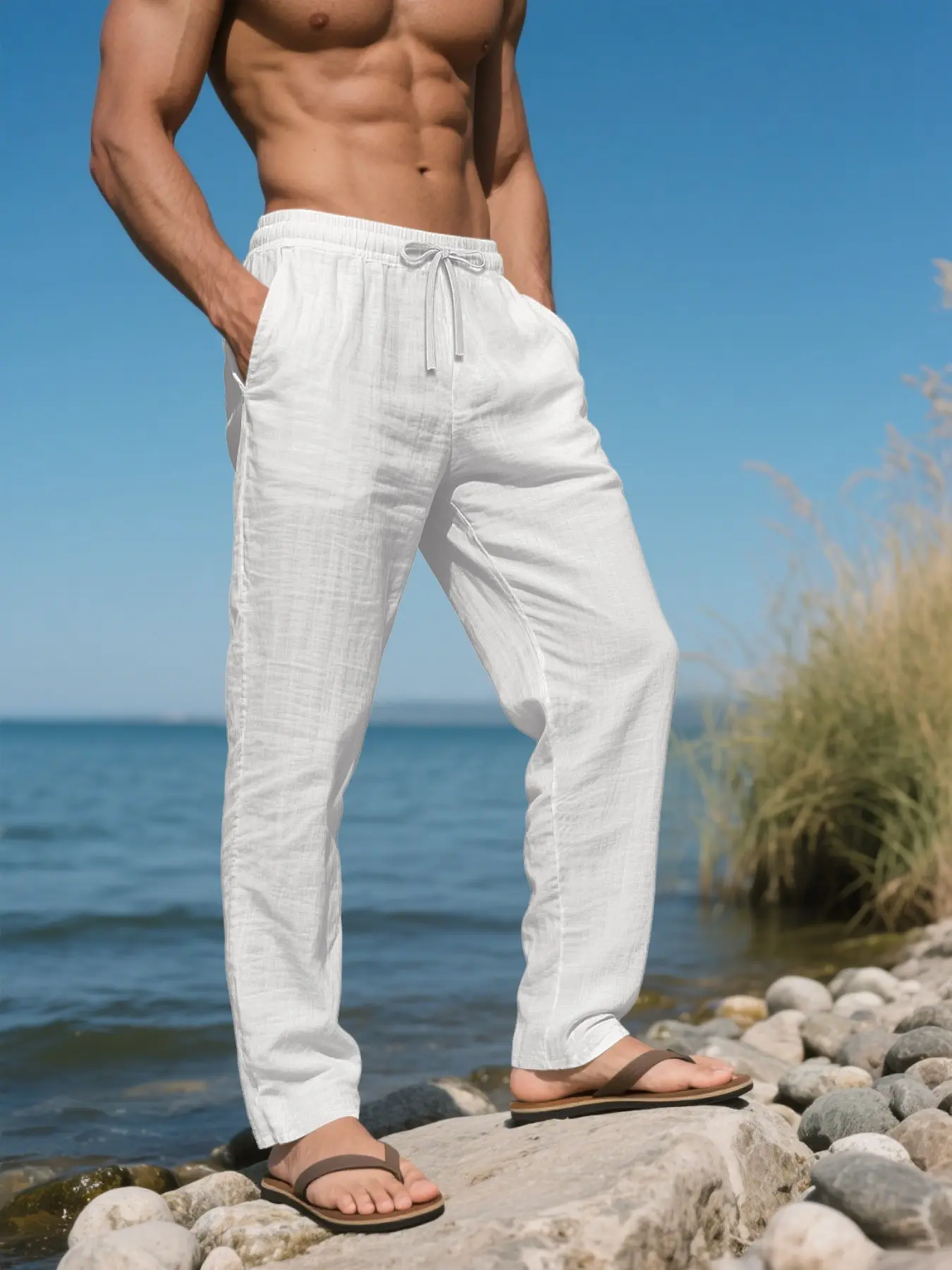 Men's Linen Long Plain Casual Trousers, Breathable Tropical Summer Wear, Perfect for Beach, Travel and Commute, Fashionable Bottoms for Men, Casual Comfy Trousers