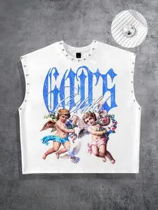 God angel men's summer vest, short loose vest unisex, metal foil collar summer sleeveless men's T-shirt, street style fashion trendy American retro vest with angel God print, Muscle Tank Tops