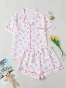 Women's Rose & Bowknot Printed Pajama Set, Short Sleeve Shorts Pocket, All Seasons, Soft Comfortable Homewear Loungewear, Button Front Casual