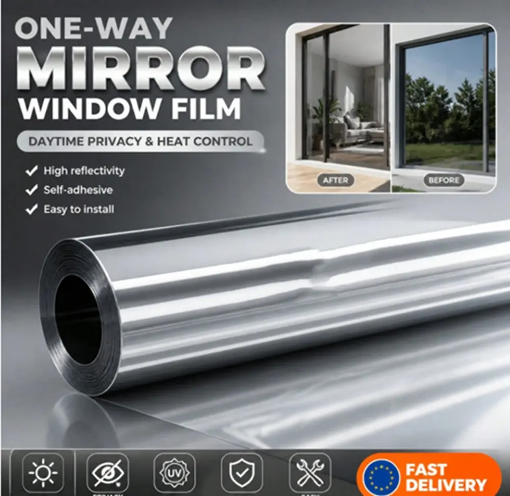 Mirror Window Privacy Film 36in x 5ft - Chrome Reflective Static Cling One-Way Daytime Privacy Tint for Home and Office Use window film